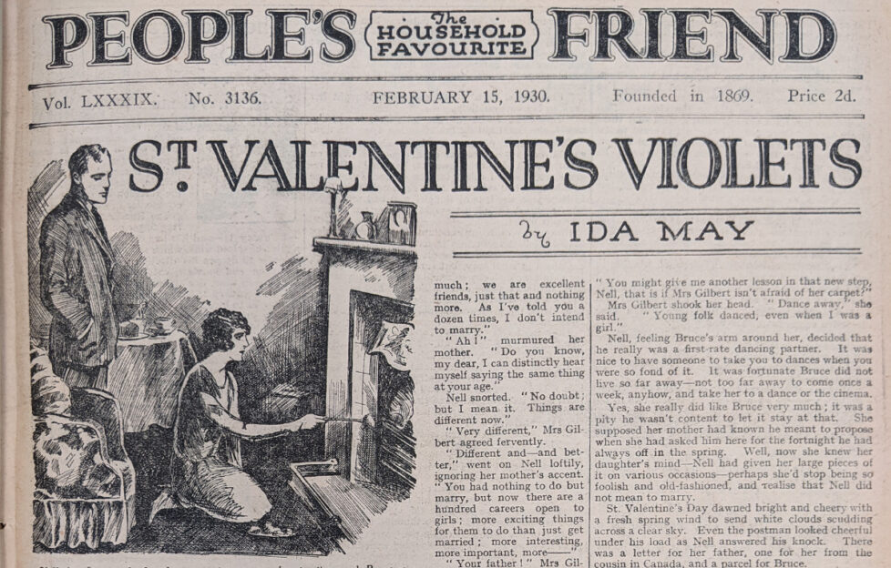Scan of the original The People's Friend page of St Valentine's Violets from February 15 1930 on the title page, with illustration of Nell kneeling in front of the fire toasting crumpets and Bruce stood behind her watching longingly