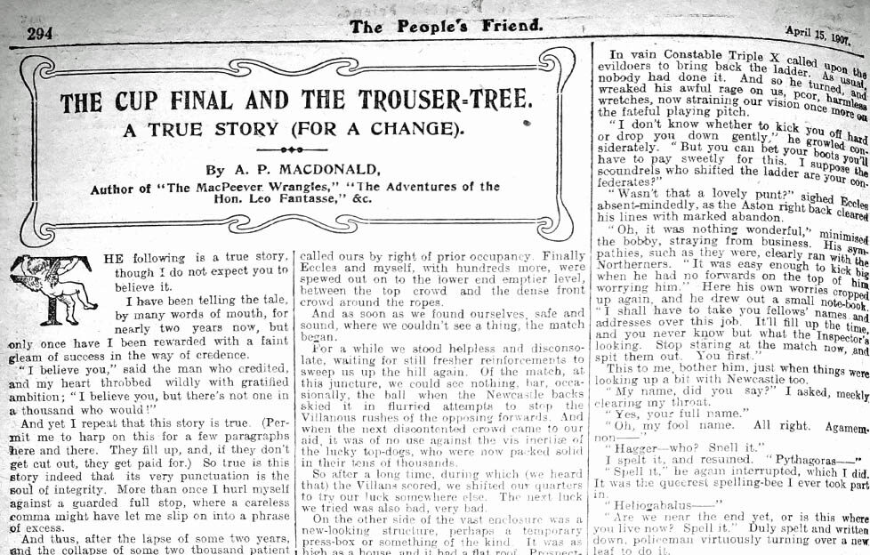 Scan of original The Cup Final and The Trouser Tree page from The People's Friend April 1907 issue with title and text