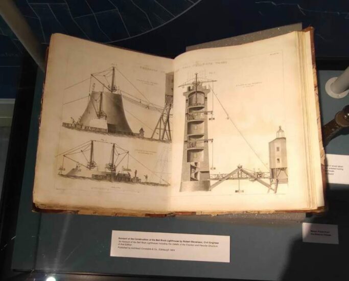 The Robert Stevenson plans for The Bell Rock Lighthouse on display with sketches and diagrams and annotations