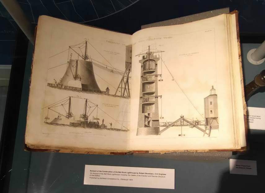 The Robert Stevenson plans for The Bell Rock Lighthouse on display with sketches and diagrams and annotations