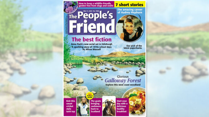 Cover of The People's Friend March 11 issue with illustration of a rocky pond on a sunny day at Galloway Forest