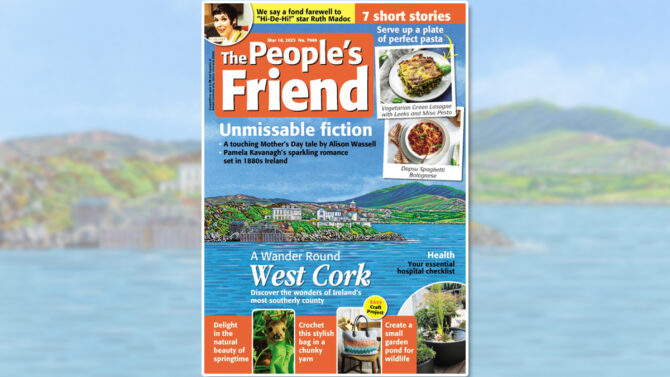 The cover of The People's Friend issue March 18th with illustration of coastal town of West Cork