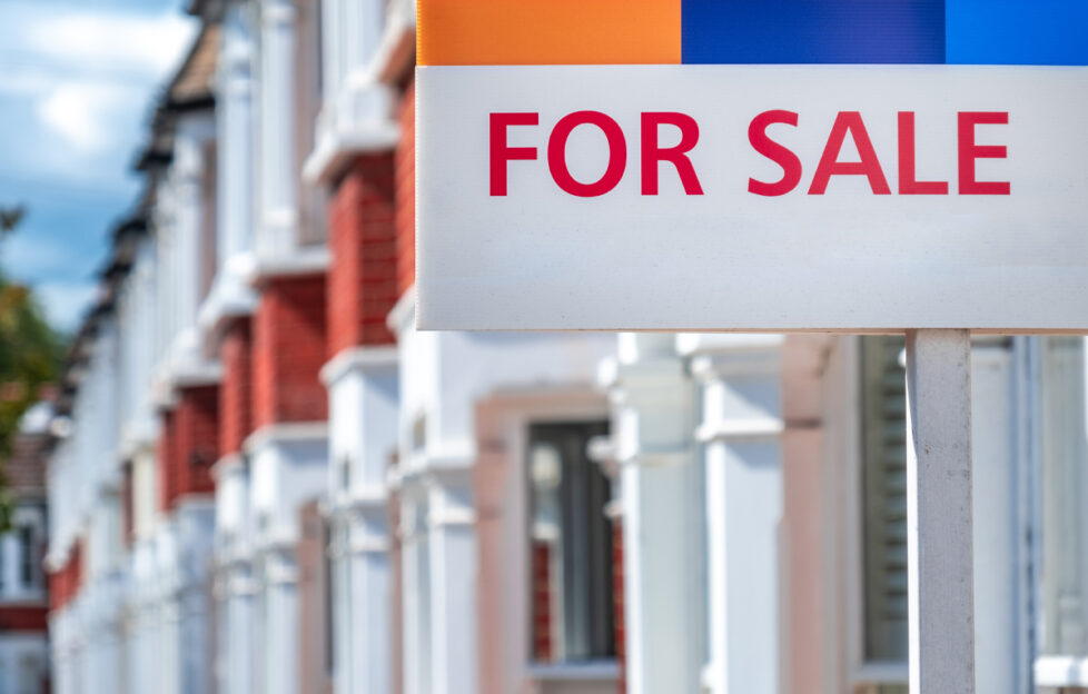 A house 'for sale' sign in front of a row of tenement flats in the background.