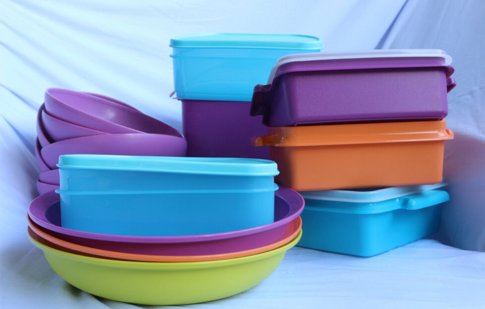 An array of block coloured tupperware boxes and plastic bowls