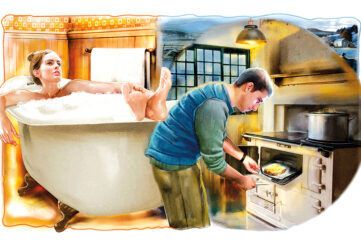 Kerry relaxing in a bath as Daniel makes a meal Illustration by Sailesh Thakrar