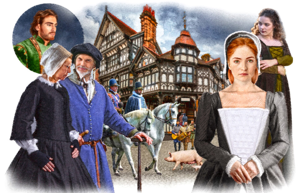 The main characters with a backdrop of a town Illustration: Mandy Dixon