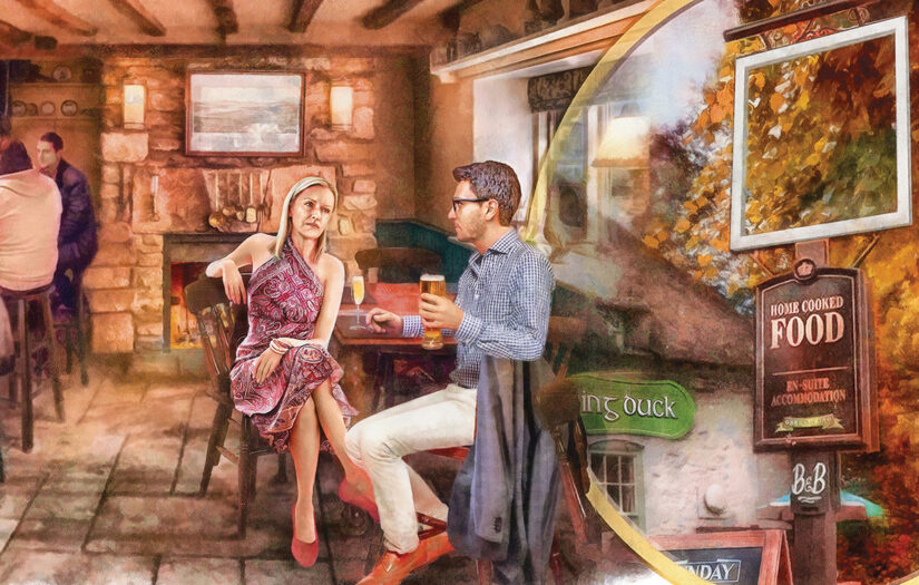 Neil and Rachel in their local pub Illustration: Gerard Fay