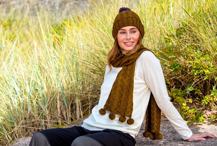 Knitted hat and scarf set worn by a model