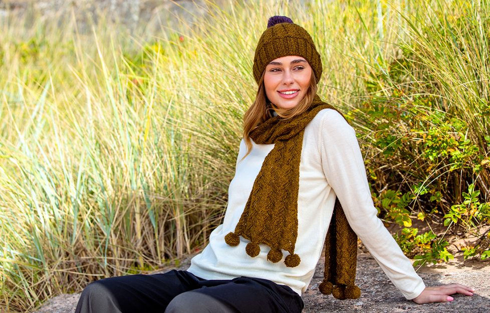 Knitted hat and scarf set worn by a model