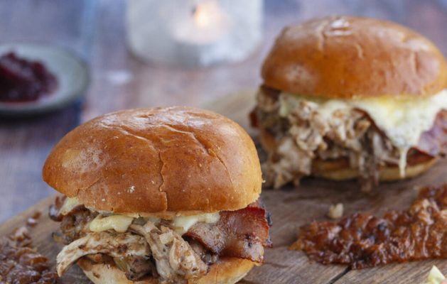 Christmas turkey leftover recipe, brioche buns with turkey, stuffing a sprouts coleslaw