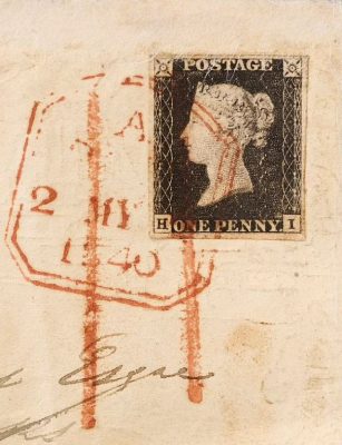 First ever envelope sent by Penny Black. Image shows a close up of the Penny Black and the ink stamp dating the mail "2 May 1840".