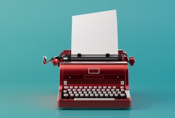 Vector image of a red typewriter with a sheet of blank paper in it.