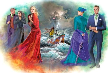 The main characters from the serial, including Millicent and Reginald, and Miss Lucinda, with a ship on stormy seas in the background.