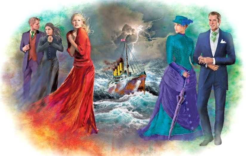 The main characters from the serial, including Millicent and Reginald, and Miss Lucinda, with a ship on stormy seas in the background.