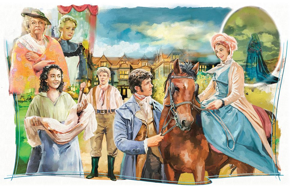 Characters from the serial, standing in front of Wychwood Manor.
