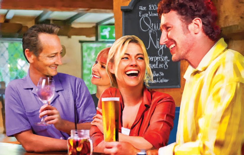 Characters from the serial, Evelyn and Simon with Lynda and Alex in a bar.