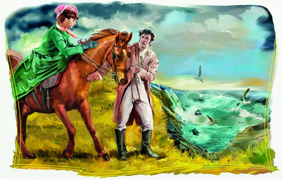 Characters from the serial, Belle on a horse and Jean guiding it.