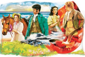 Characters from the serial standing in front of the sea.