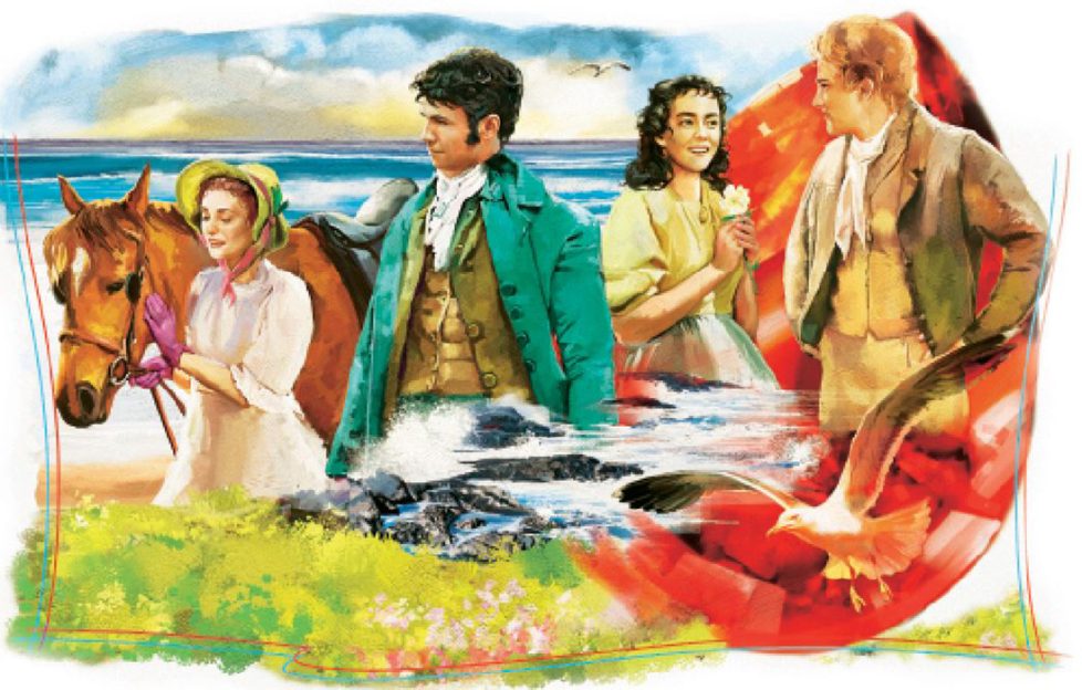 Characters from the serial standing in front of the sea.