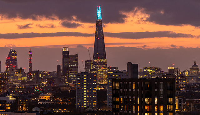 The Shard, London, lit up in blue for the NHS