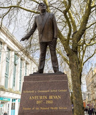 Statue bronze sculpture of politician Aneurin Bevan 1897-1960 in Queen Street, Cardiff, South Wales 