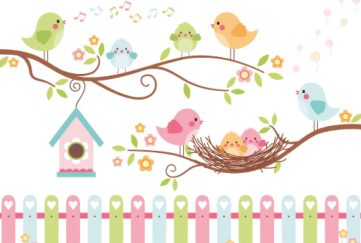 Illustration in cartoon style of little bird of different colours sitting on a tree branch, singing. A second branch has similar birds but also a nest across from a birdhouse.