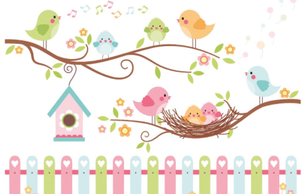 Illustration in cartoon style of little bird of different colours sitting on a tree branch, singing. A second branch has similar birds but also a nest across from a birdhouse.