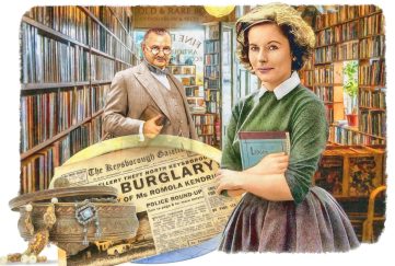 Illustration set in a1950s bookshop. There is a young woman clutching a ledger and looking suspicious. Off to the side is her boss - large wealthy looking man. As part of a montage, there's a jewellery box filled with necklaces, rings etc and some newspaper pages with “Police Round Up”