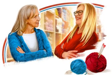 Illustration of two women sitting opposite each other and smiling. They are in a wool shop and are each wearing a knitted jumper. the woman on the left has a blue knitted jumper and the woman on the right has a red knitted jumper. In front of them are two balls of wool, also one blue and one red.