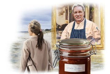 Illustration of a elderly man in an apron cooking, paired with the back of a woman's head as she looks out over a river. Overlaid on top of both images is a jar of red pasta sauce.