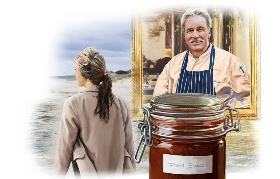 Illustration of a elderly man in an apron cooking, paired with the back of a woman's head as she looks out over a river. Overlaid on top of both images is a jar of red pasta sauce.