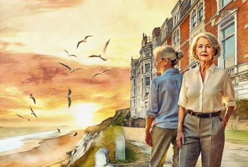 Image shows two elderly women standing on a path by the coast on a street lined with terraced housing. It's sunset and there are seagulls flying about the beach.