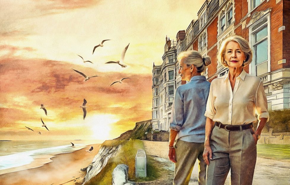 Image shows two elderly women standing on a path by the coast on a street lined with terraced housing. It's sunset and there are seagulls flying about the beach.