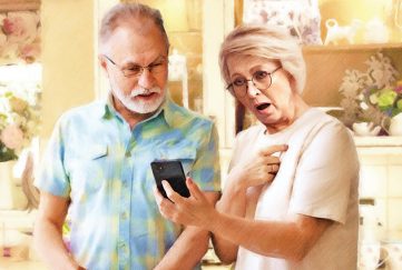 An older couple looking at a mobile phone screen in amazement