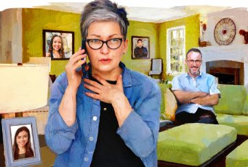 Illustration of a middle-aged woman with a spikey and edgy short hairstyle wearing glasses and a denim shirt. She's on the phone and looks shocked by some news as she has her hand on her chest. She's in a living room and behind her sits a man on the couch.