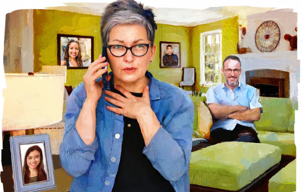 Illustration of a middle-aged woman with a spikey and edgy short hairstyle wearing glasses and a denim shirt. She's on the phone and looks shocked by some news as she has her hand on her chest. She's in a living room and behind her sits a man on the couch.