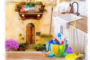 An illustration of a terrace balcony and a sink outside with cleaning supplies next to it.