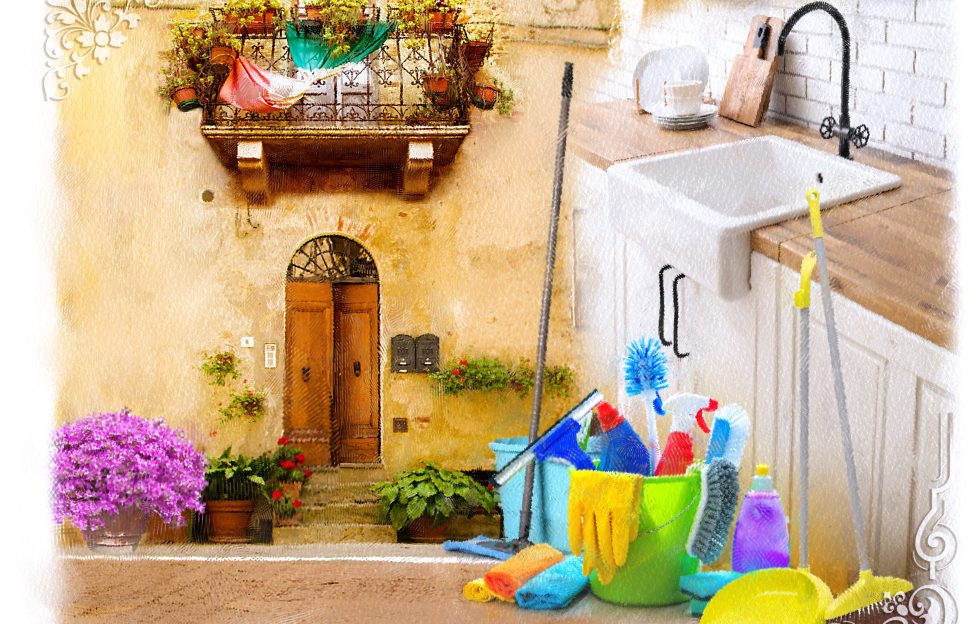 An illustration of a terrace balcony and a sink outside with cleaning supplies next to it.