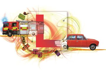 Abstract illustration of a red car and an L plate accompanied by other items relevant to the story such as a fire engine, a smoking pipe, two coffee mugs and car keys.