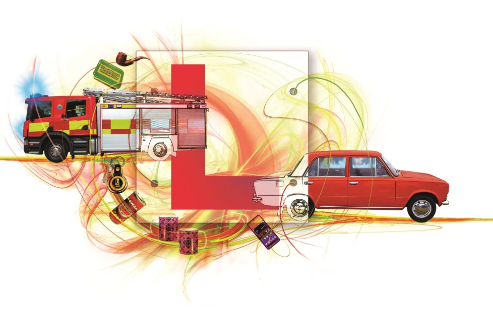 Abstract illustration of a red car and an L plate accompanied by other items relevant to the story such as a fire engine, a smoking pipe, two coffee mugs and car keys.