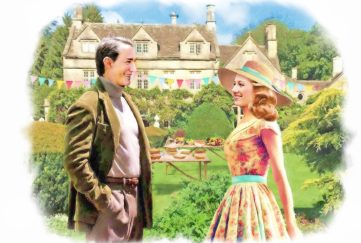 illustration of a man and a woman dressed in clothes form the 1905s. Both are smiling coyly at each other. They are standing in an elaborate garden estate.