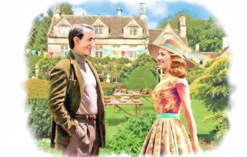 illustration of a man and a woman dressed in clothes form the 1905s. Both are smiling coyly at each other. They are standing in an elaborate garden estate.