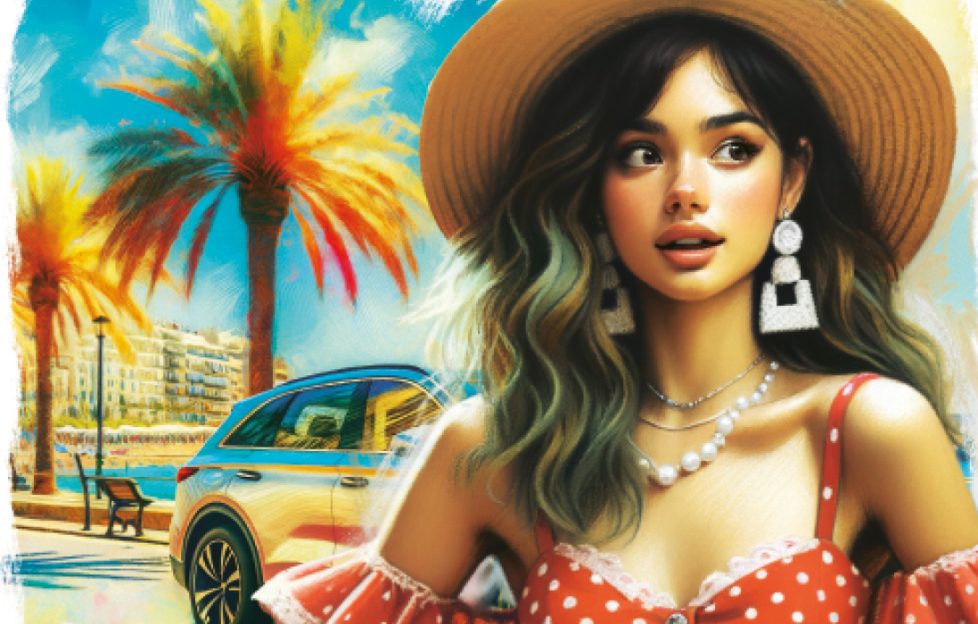 Image shows a woman wearing a sunhat and a red and white polka dot dress. She is on the promenade lined by palm trees and looking suspiciously so the side. there's a car leaving behind her.