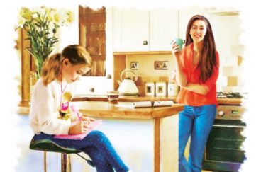 illustration of a young mum leaning against the kitchen worktop with coffee in hand. She's looking at her daughter who is stiting on a chair at the breakfast bar, with her earphones in and writing in a notebook.