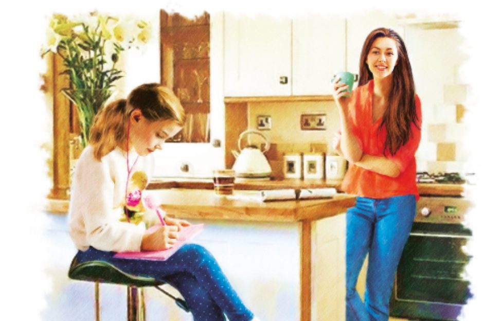 illustration of a young mum leaning against the kitchen worktop with coffee in hand. She's looking at her daughter who is stiting on a chair at the breakfast bar, with her earphones in and writing in a notebook.