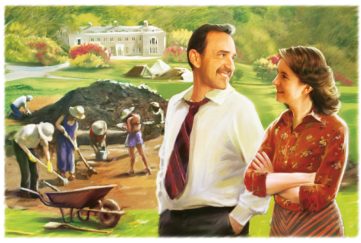 illustration of a man and a woman smiling at one another while behind them an excavation or dig is taking place on the grounds of an estate. A stately mansion home can be seen in the distance.