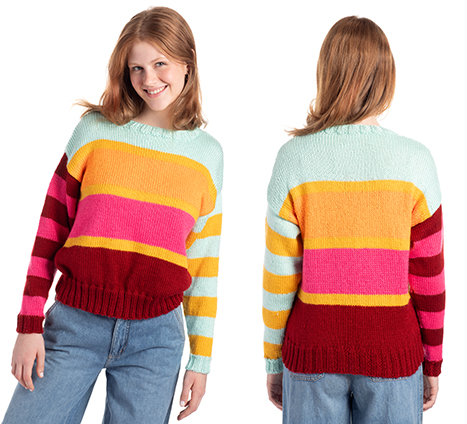 Stripy sweater knitted and worn by model, front and back shown