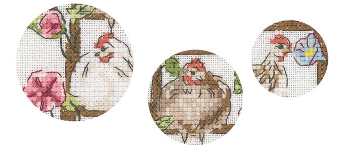 Close up shots of The Resident Hens free cross stitch pattern