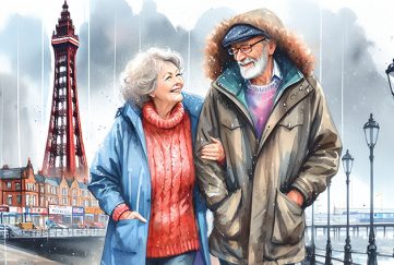 An older couple in anoracs with Blackpool Tower in the background