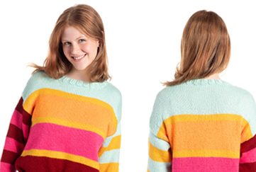 Front and back of stripy knitted sweater worn by a model